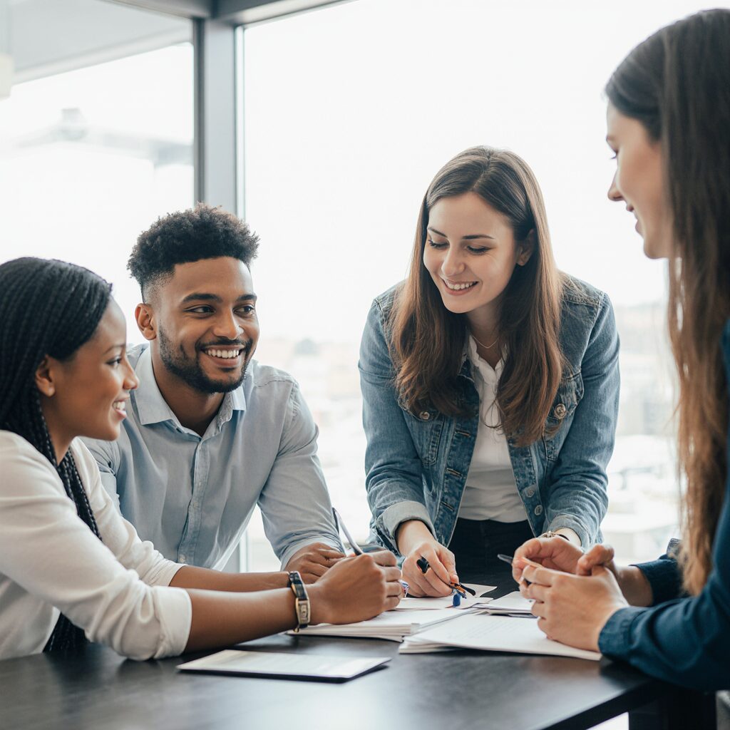 4 membre d'un équipe discutant à une table contenant des documents